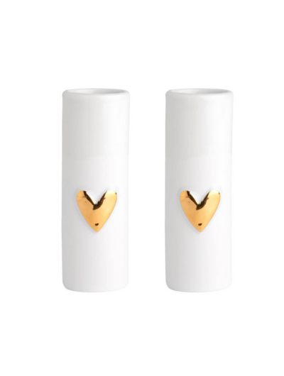 Set of small white porcelain vases by Räder with delicate gold heart detail, glazed inside and part-glazed outside, ideal for single stems.