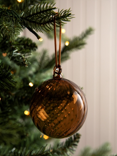 Three clear glass Whittington Christmas Baubles with velvet ribbons and glass loops for elegant festive decoration.