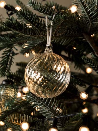 Three clear glass Whittington Christmas Baubles with velvet ribbons and glass loops for elegant festive decoration.