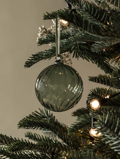 Three Rosemary glass Whittington Christmas Baubles with velvet ribbons and glass loops for elegant festive decoration.