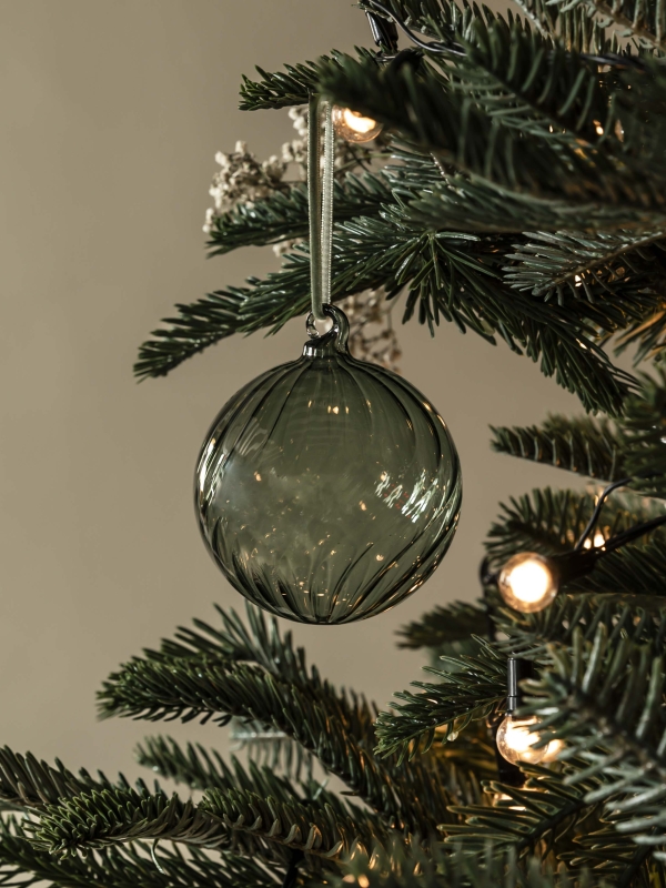 Three Rosemary glass Whittington Christmas Baubles with velvet ribbons and glass loops for elegant festive decoration.