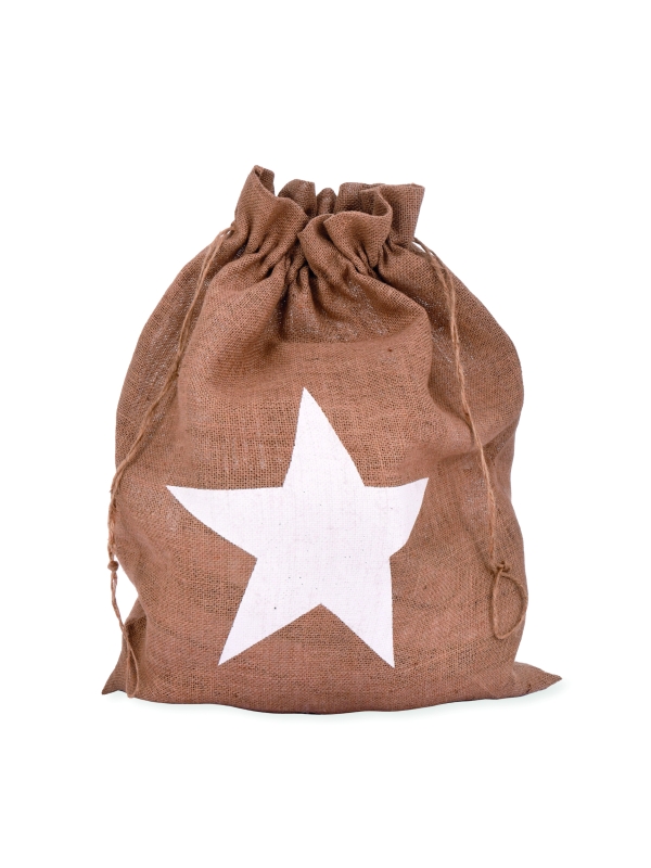 Festive jute Christmas sack with Snowflake or Star print and drawstring top, perfect for keeping presents hidden until Christmas morning.