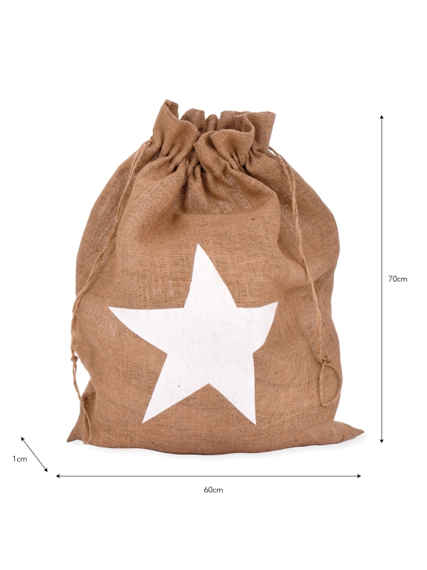 Festive jute Christmas sack with Snowflake or Star print and drawstring top, perfect for keeping presents hidden until Christmas morning.