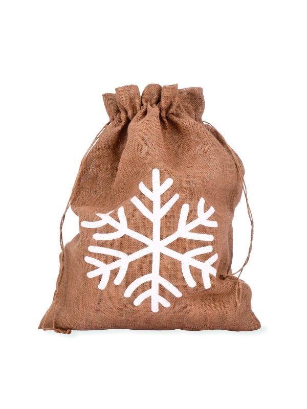 Festive jute Christmas sack with Snowflake or Star print and drawstring top, perfect for keeping presents hidden until Christmas morning.