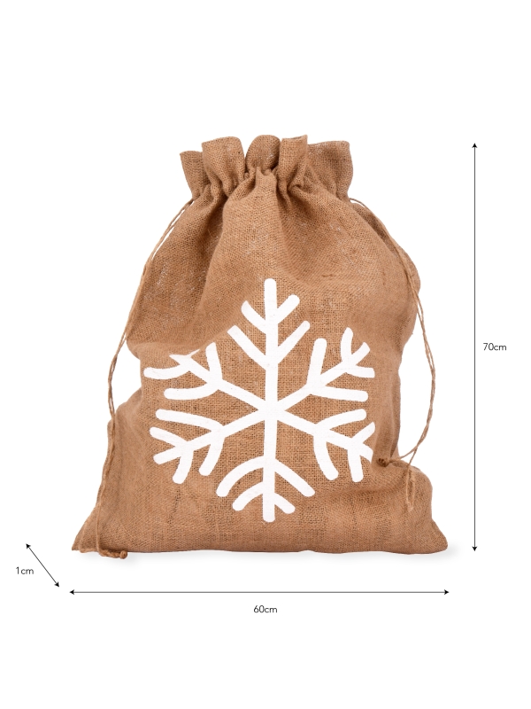 Festive jute Christmas sack with Snowflake or Star print and drawstring top, perfect for keeping presents hidden until Christmas morning.