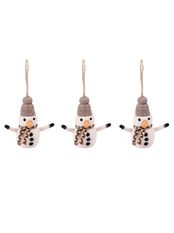 Three hand-felted Southwold Christmas Snowmen with scarves, hats, carrot noses, and coal buttons, hanging on a Christmas tree.