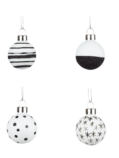 Rader Black and white baubles set of four with a print and partially with glitter.