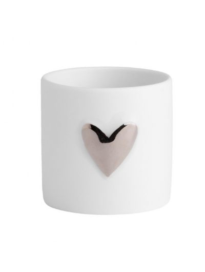 Set of two Räder porcelain tealight holders with delicate silver heart decal, handcrafted and gift boxed, ideal for romantic home décor.