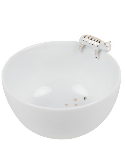 Handcrafted Räder Tales porcelain bowl with three-dimensional cat on the rim, paw print decal, 9cm diameter × 5.5cm high, glazed interior.