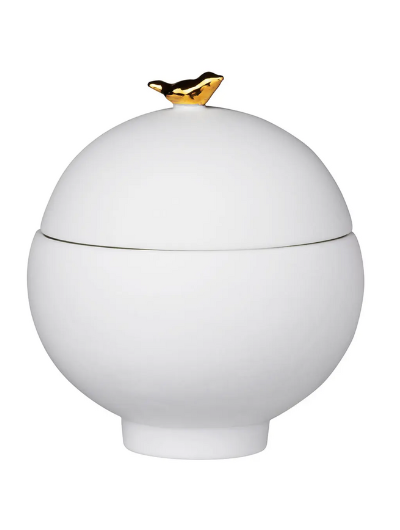 Räder porcelain trinket bowl with hand-painted golden bird on lid, matte exterior, glazed interior, 7cm diameter × 8cm high.