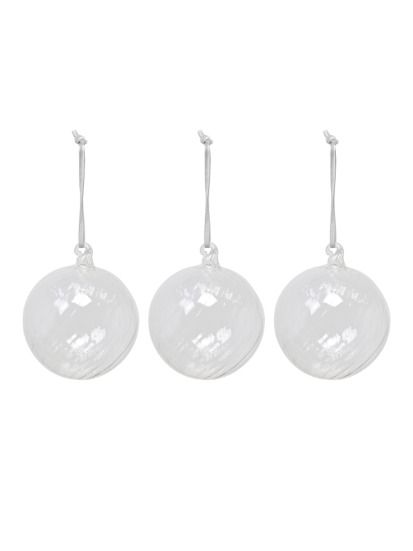 Three clear glass Whittington Christmas Baubles with velvet ribbons and glass loops for elegant festive decoration.
