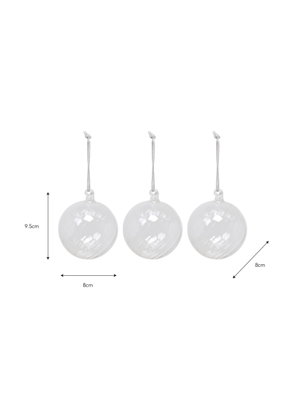 Three clear glass Whittington Christmas Baubles with velvet ribbons and glass loops for elegant festive decoration.