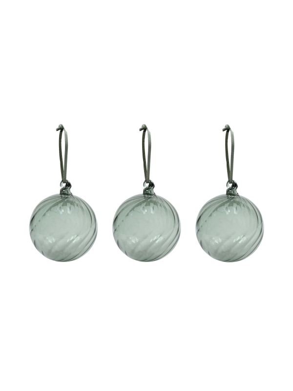 Three Rosemary glass Whittington Christmas Baubles with velvet ribbons and glass loops for elegant festive decoration.
