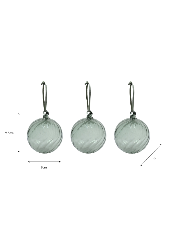 Three Rosemary glass Whittington Christmas Baubles with velvet ribbons and glass loops for elegant festive decoration.