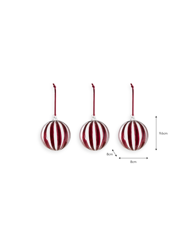 Set of three clear glass Purton Striped Christmas Baubles with hand-painted berry stripes and matching velvet ribbons, hanging on a Christmas tree.