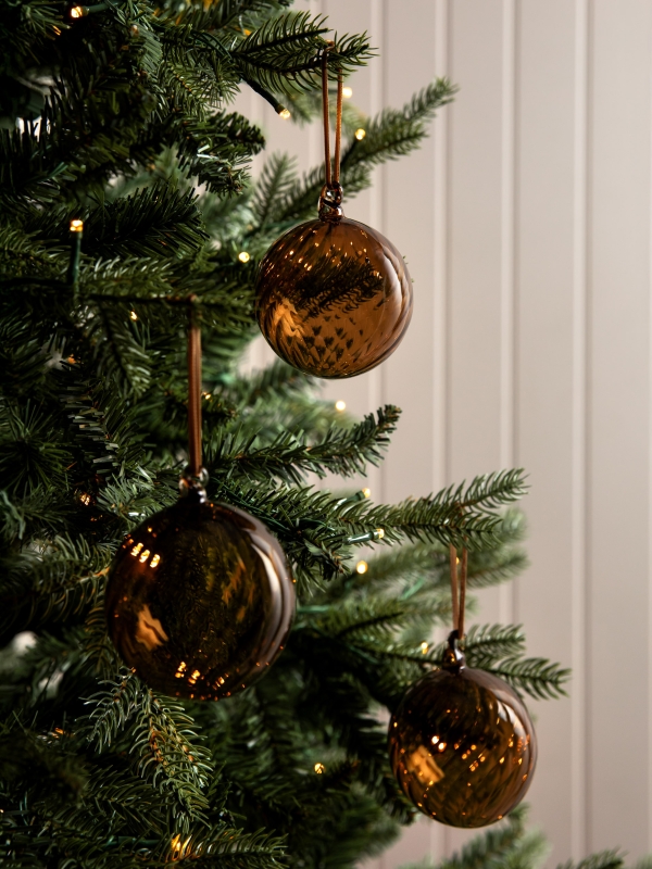 Three clear glass Whittington Christmas Baubles with velvet ribbons and glass loops for elegant festive decoration.