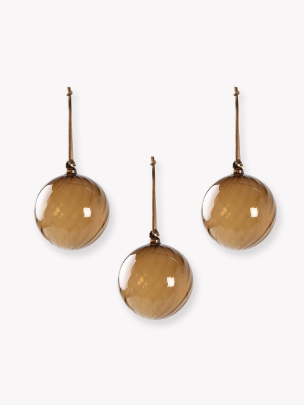 Three clear glass Whittington Christmas Baubles with velvet ribbons and glass loops for elegant festive decoration.