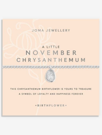 Joma Jewellery Birth Flower November Chrysanthemum silver-plated bracelet with engraved oval charm on pastel sentiment card.