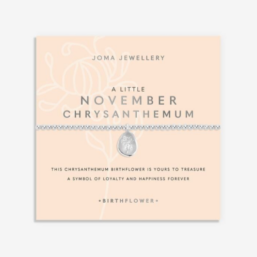 Joma Jewellery Birth Flower November Chrysanthemum silver-plated bracelet with engraved oval charm on pastel sentiment card.