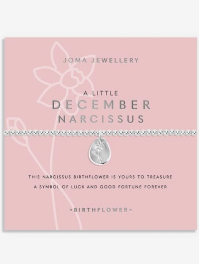 Joma Jewellery Birth Flower December Narcissus silver-plated bracelet with engraved oval charm on pastel sentiment card.