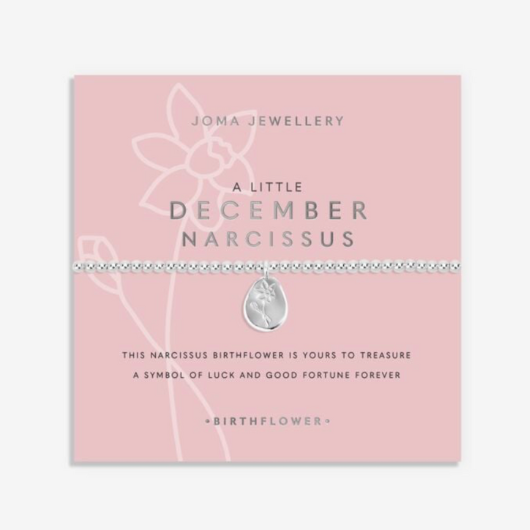 Joma Jewellery Birth Flower December Narcissus silver-plated bracelet with engraved oval charm on pastel sentiment card.