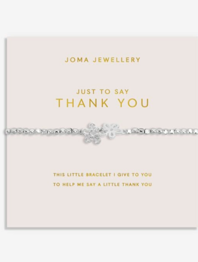 Joma Jewellery Forever Yours Just To Say Thank You bracelet with pavé flower charm on blush pink sentiment card.