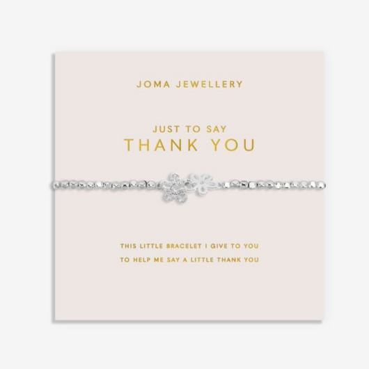 Joma Jewellery Forever Yours Just To Say Thank You bracelet with pavé flower charm on blush pink sentiment card.