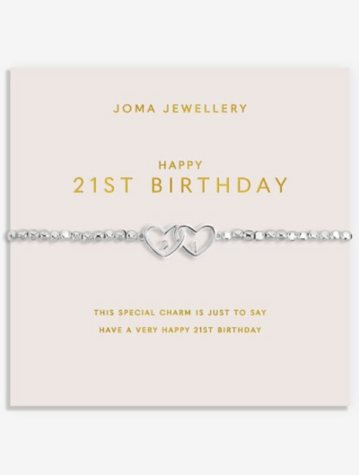Joma Jewellery Forever Yours Happy 21st Birthday bracelet with heart charm on blush pink sentiment card.