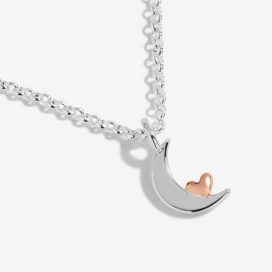 Joma Jewellery A Little Love You To The Moon And Back necklace with rose gold moon charm on sentiment card.
