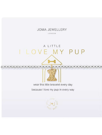 Joma Jewellery A Little I Love My Pup silver-plated bracelet with dog charm on sentiment card.
