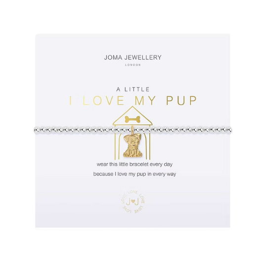 Joma Jewellery A Little I Love My Pup silver-plated bracelet with dog charm on sentiment card.