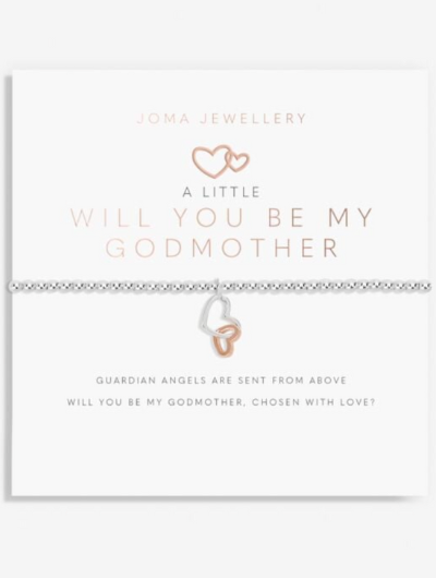 Joma Jewellery A Little Will You Be My Godmother silver-plated bracelet on sentiment card.