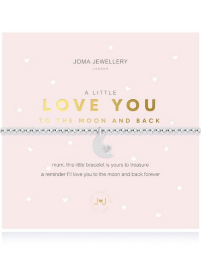 Joma Jewellery A Little Love You To The Moon And Back faceted silver-plated bracelet with moon charm on sentiment card.