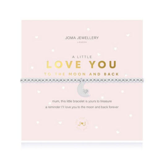 Joma Jewellery A Little Love You To The Moon And Back faceted silver-plated bracelet with moon charm on sentiment card.