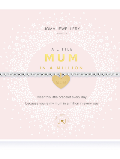 Joma Jewellery A Little Mum In A Million silver and gold plated bracelet with engraved heart charm on sentiment card.