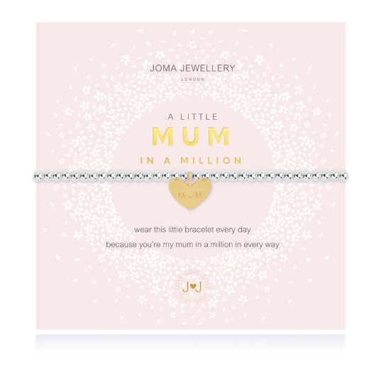 Joma Jewellery A Little Mum In A Million silver and gold plated bracelet with engraved heart charm on sentiment card.