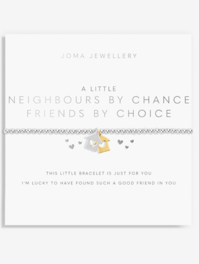 Joma Jewellery A Little Neighbours By Chance silver and gold plated bracelet with house charms on sentiment card.