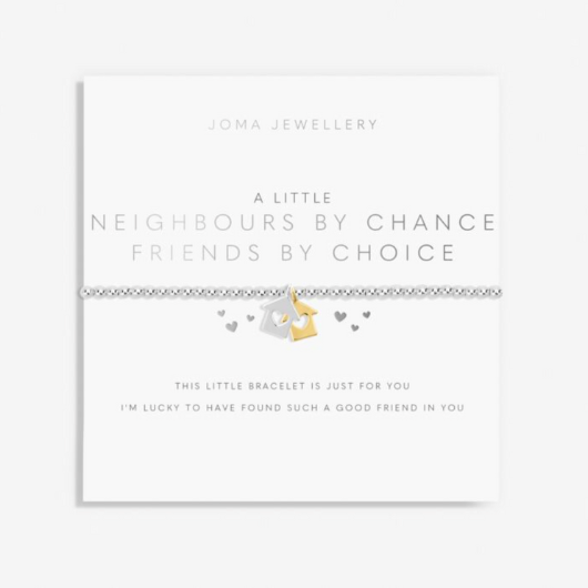 Joma Jewellery A Little Neighbours By Chance silver and gold plated bracelet with house charms on sentiment card.
