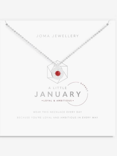 Joma Jewellery January Birthstone Necklace with Garnet charm on sentiment card.