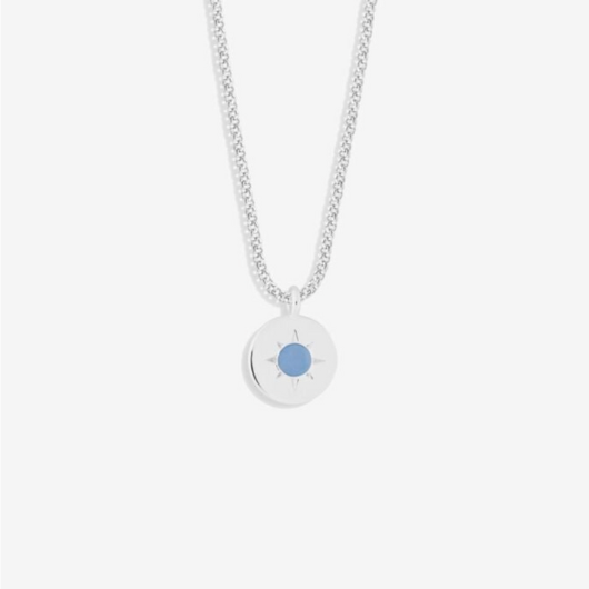 Joma Jewellery March Birthstone Necklace with Aqua Crystal charm on sentiment card.