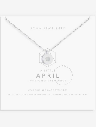 Joma Jewellery April Birthstone Necklace with Rock Crystal charm on sentiment card.