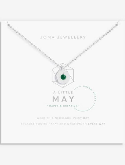 Joma Jewellery May Birthstone Necklace with Green Agate charm on sentiment card.
