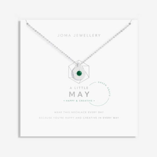 Joma Jewellery May Birthstone Necklace with Green Agate charm on sentiment card.