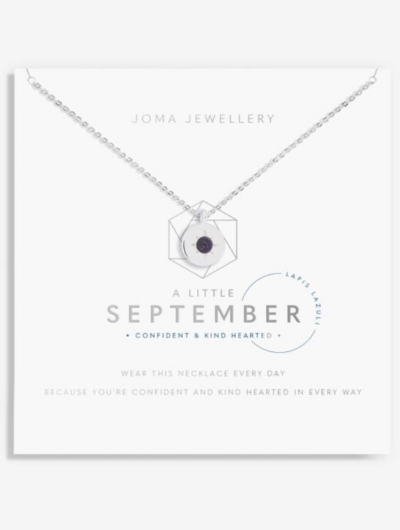 Joma Jewellery September Birthstone Necklace with Lapis Lazuli charm on sentiment card.