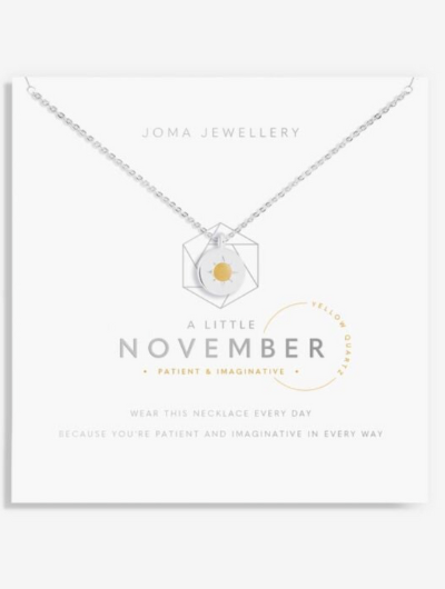Joma Jewellery A Little November Birthstone necklace with yellow quartz disc charm on sentiment card.