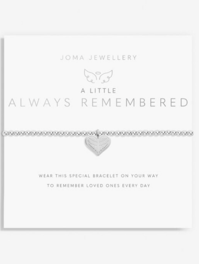 Joma Jewellery A Little Always Remembered silver-plated bracelet with angel-wing heart charm on sentiment card.