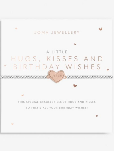 Joma Jewellery A Little Hugs Kisses And Birthday Wishes bracelet with silver and rose gold charm on sentiment card.