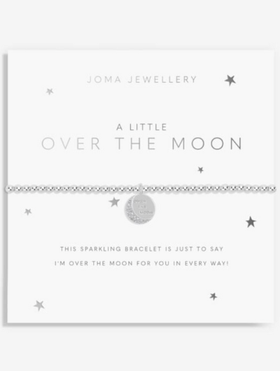 Joma Jewellery A Little Over The Moon silver-plated bracelet with celestial charm on sentiment card.