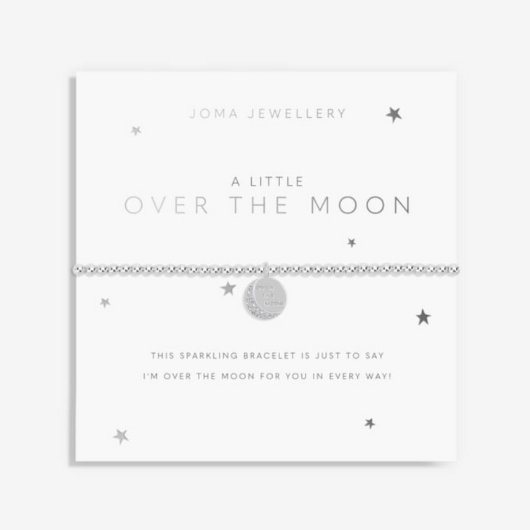 Joma Jewellery A Little Over The Moon silver-plated bracelet with celestial charm on sentiment card.