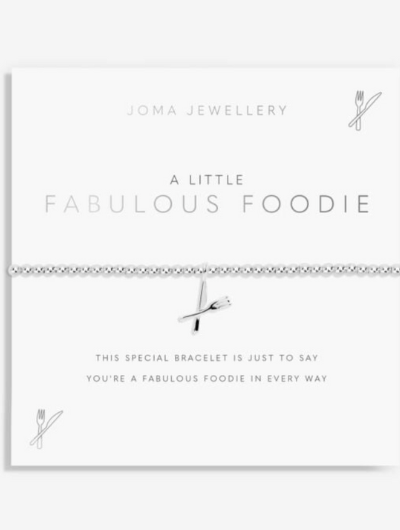 Joma Jewellery A Little Fabulous Foodie silver-plated bracelet with foodie charm on sentiment card.